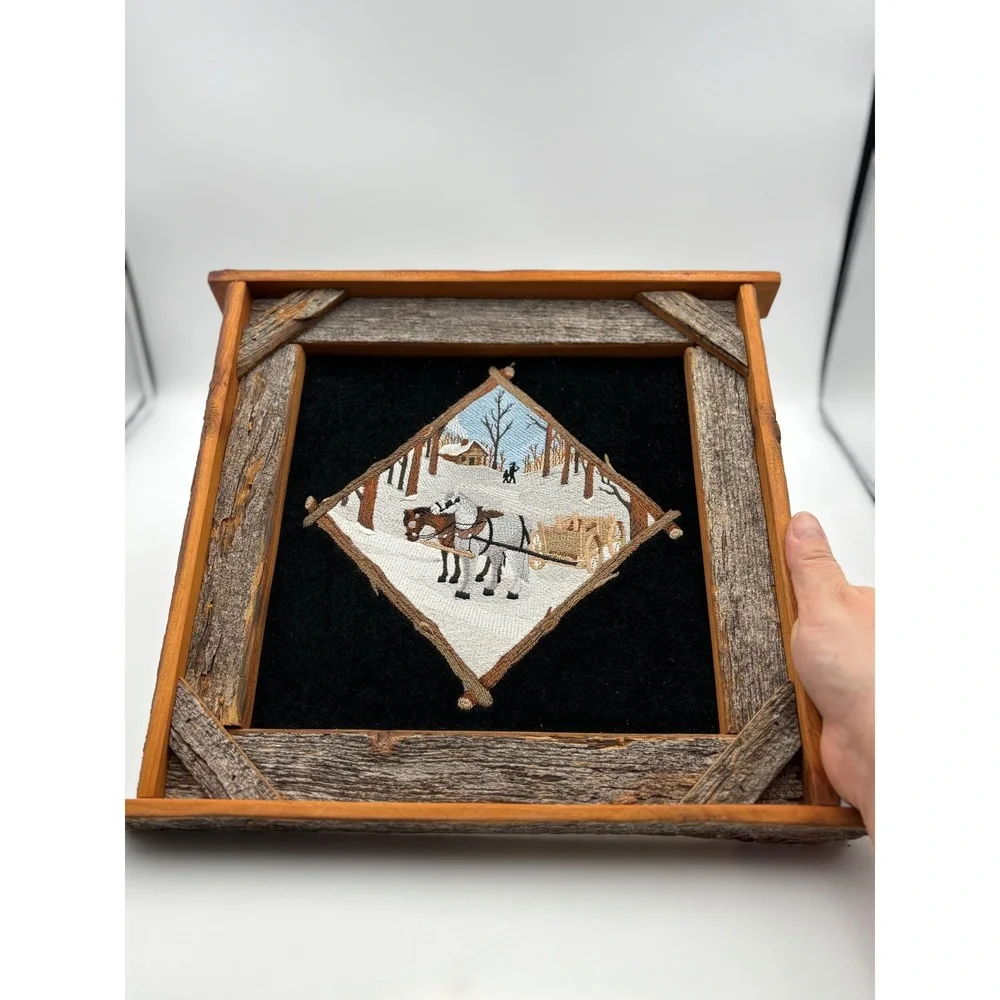 Rustic Framed Needlepoint Art Winter Scene Horses Sleigh‎ Cabin Wall Decor Xmas